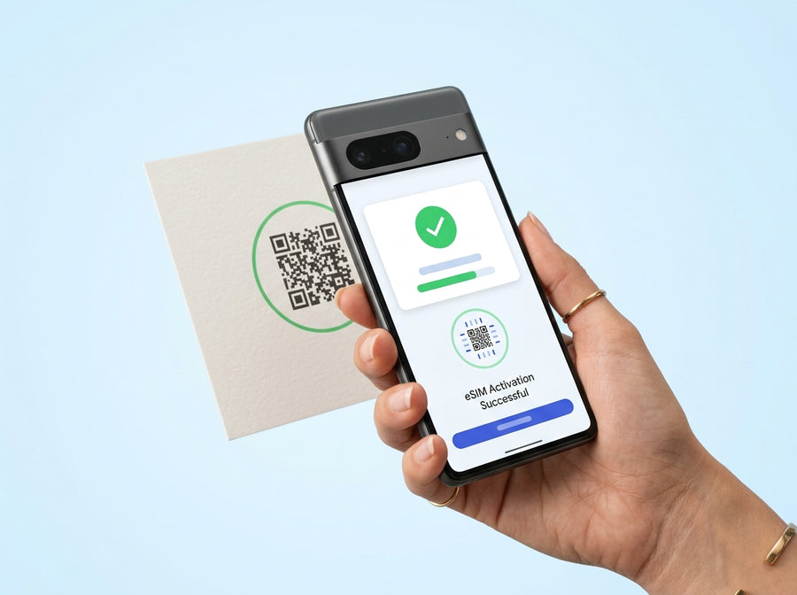 Reisende aktiviert eine eSIM per QR-Code und behält ihre normale Telefonnummer