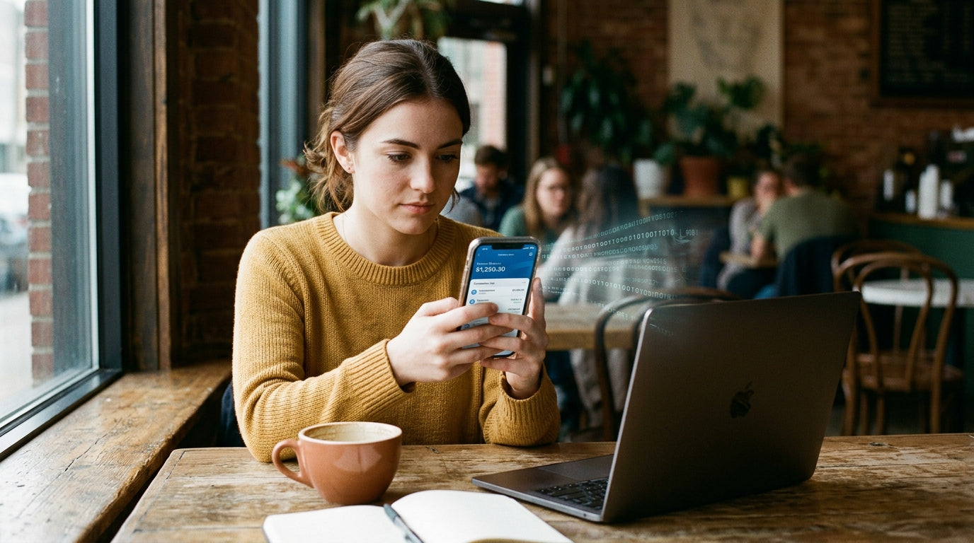 Frau im Café checkt Banking-App im offenen WLAN — im Hintergrund unsichtbarer Datenstrom
