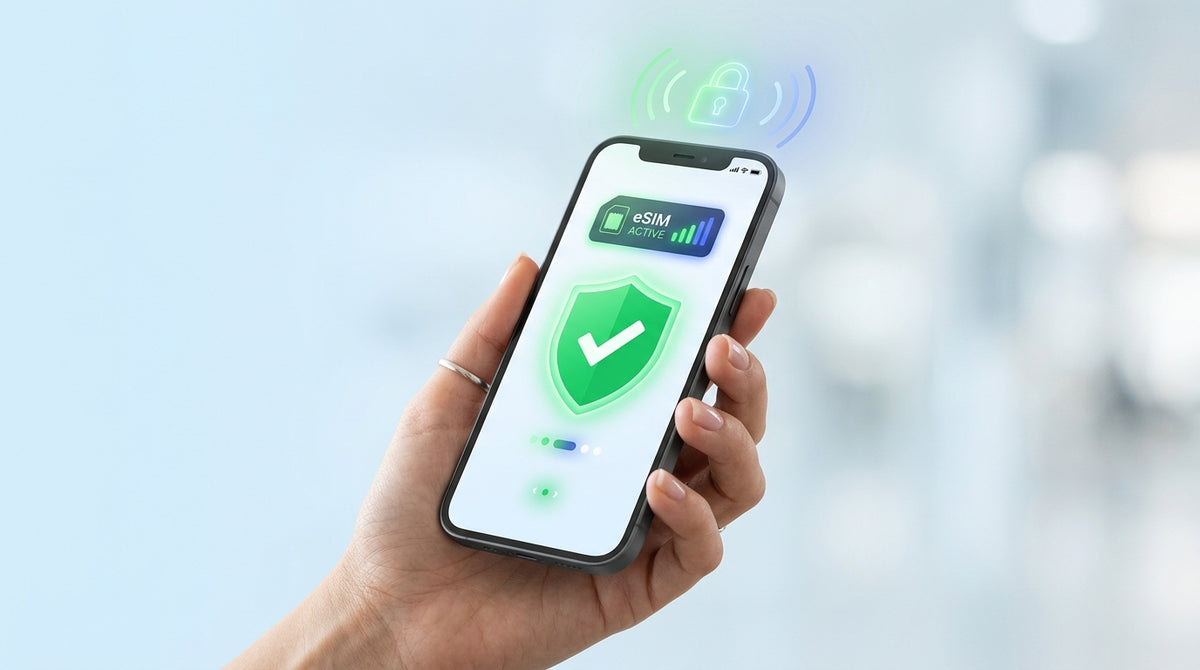 Hand hält Smartphone mit aktiver eSIM, grünem Schutzschild und Schloss-Symbol