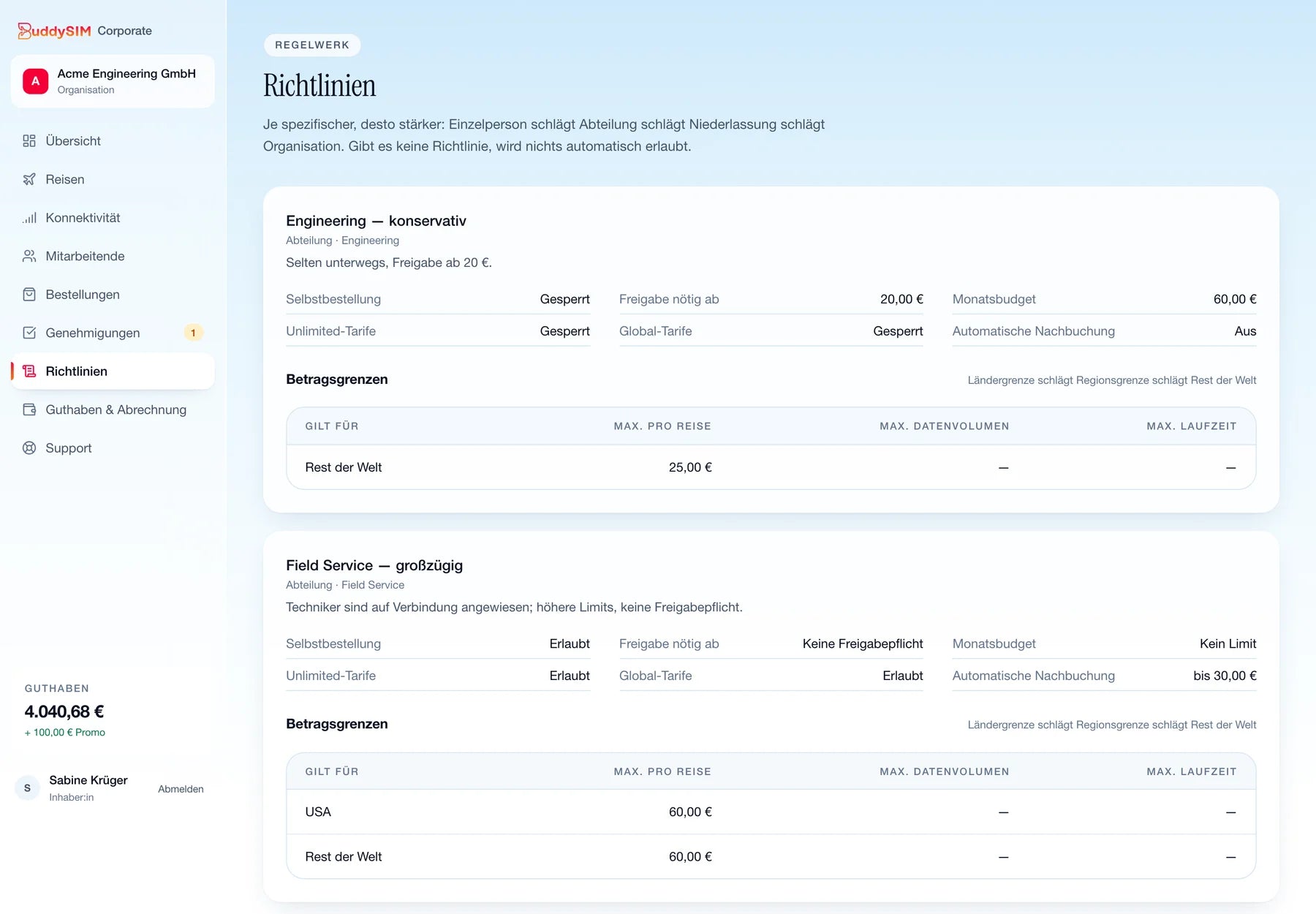 Reiserichtlinien im BuddySIM Firmenportal