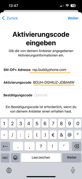eSIM manuell aktivieren auf iPhone 15 Plus – Anleitung – BuddySIM